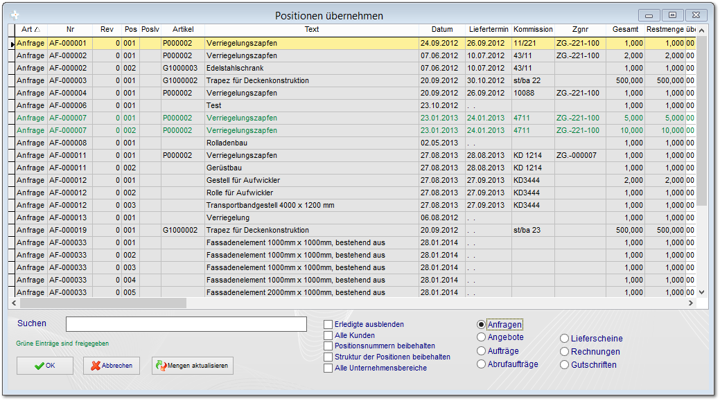 2.10.5 Aus vorhandenen Positionen übernehmen