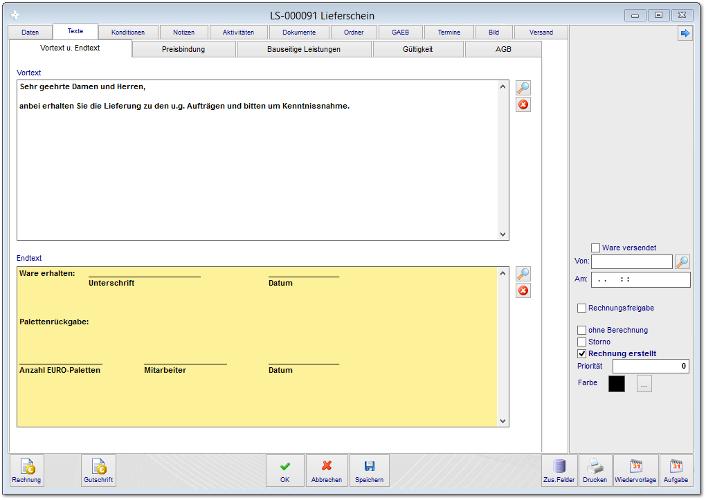 4.3 Texte für Lieferschein bearbeiten