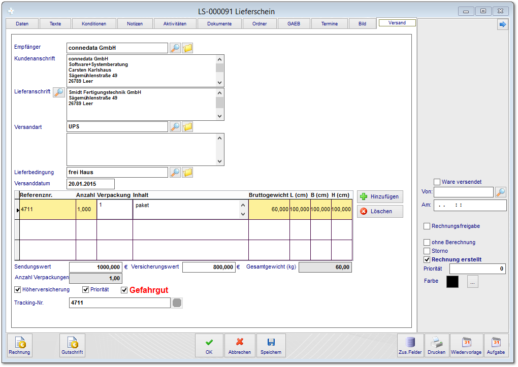 4.5.1 Versand bearbeiten (UPS-Tracking)