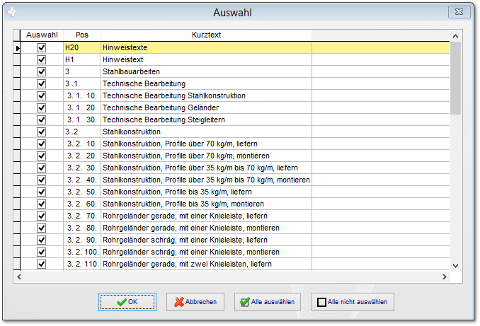 a) Auswahl der LV-Positionen